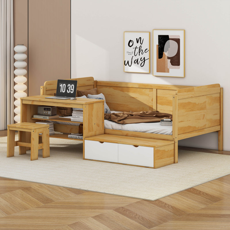 Wooden Twin Size Daybed With Storage Shelves And Lockers, Multi-Functional Bed With Study Desk And Matching Stool, Natural