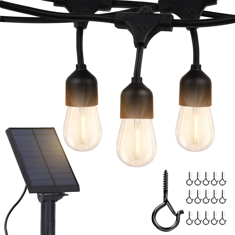 Ambience Pro 48 ft. Solar Outdoor Patio LED String Lights with 15 Warm White S14 Bulbs, 15 Hanging Hooks Included, Weatherproof