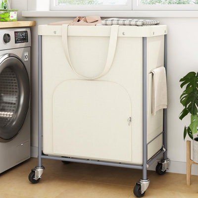 Grand panier à linge 170L avec roulettes, panier à linge roulant, chariot à linge avec 4 roulettes silencieuses et sac amovible, beige