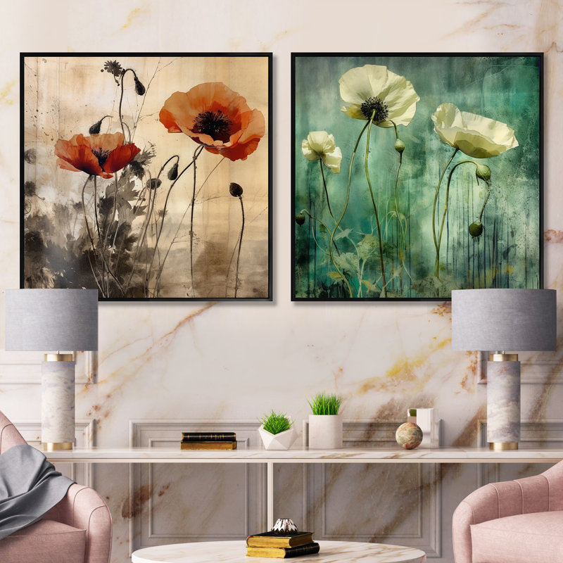 «Emerald Vibrant Poppies», 2 pièces, Cadre flottant noir, H 16 po x l 33 po
