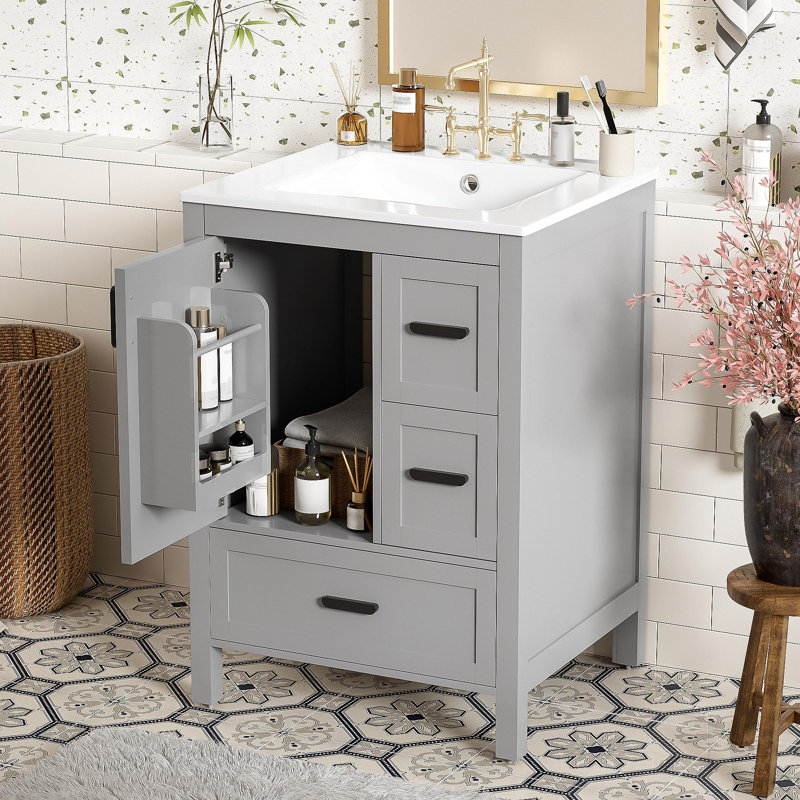 Meuble-lavabo moderne de 24 pouces avec lavabo en céramique, porte à fermeture douce, tablette de porte à double couche et 3 tiroirs
