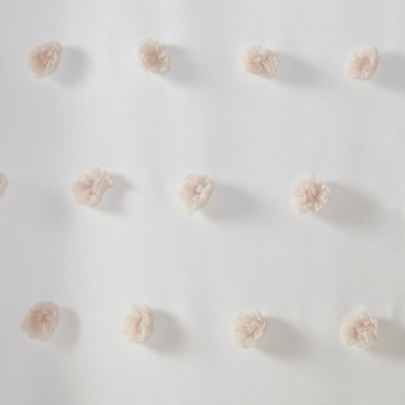 White Polyester Shower Curtain with Blush Pom Poms