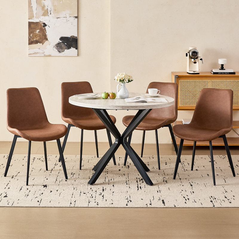 5-Piece Modern Round Dining Set, 39" Grey Stone Pattern Table with 4 Brown Faux Leather Chairs, Brown, Grey Stone Pattern