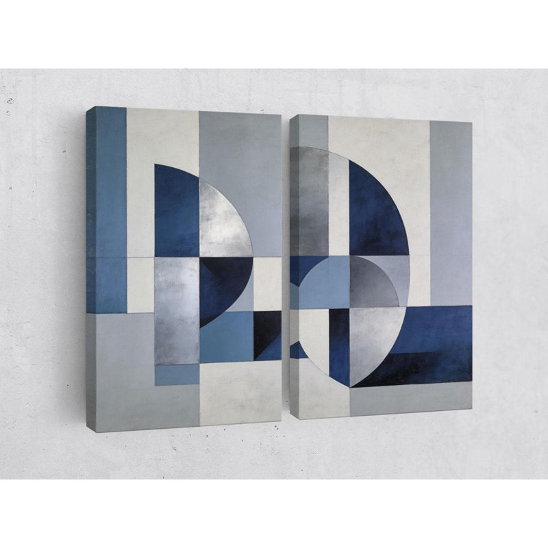 Reproduction d'art moderne géométrique sur toile, ensemble de reproductions sur toile bleu gris - Diptyque abstrait pour le salon