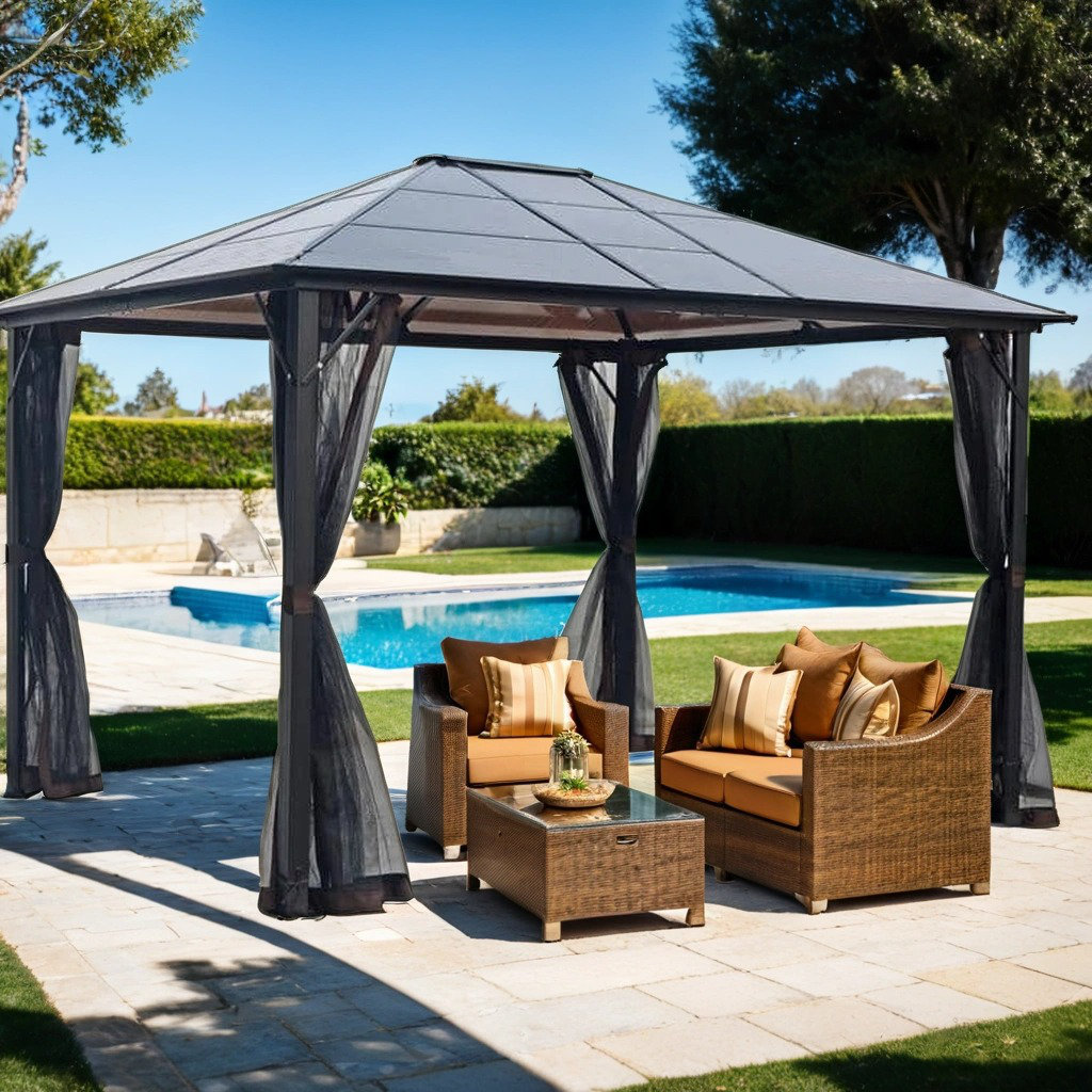 10x12 Hardtop Gazebo, Galvanized Steel Roof & Polycarbonate Panels, Mosquito Netted Pergola, Harmony Edge