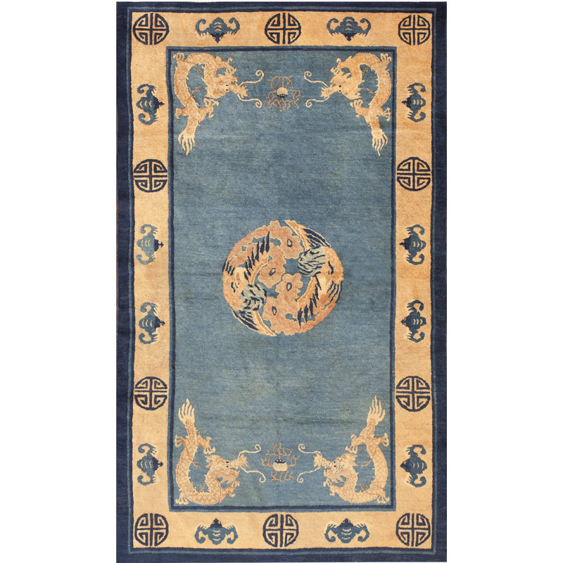 Chinese Antique - Peking 1890s Blue Rectangle Knotted Wool Small Scatter Size Rug