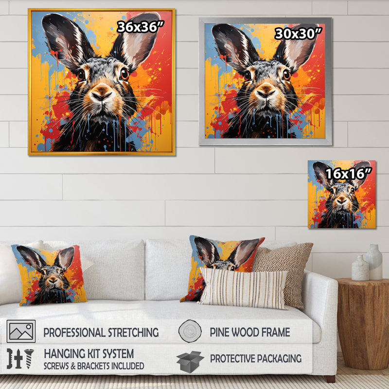 Représentation pop art d'un lapin aux nuances II, H 16 po x l 16 po x P 1 po, Cadre naturel flottant