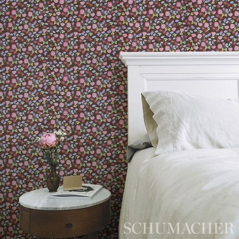 Schumacher x Happy Menocal Calico Wallpaper, Multi On Brown