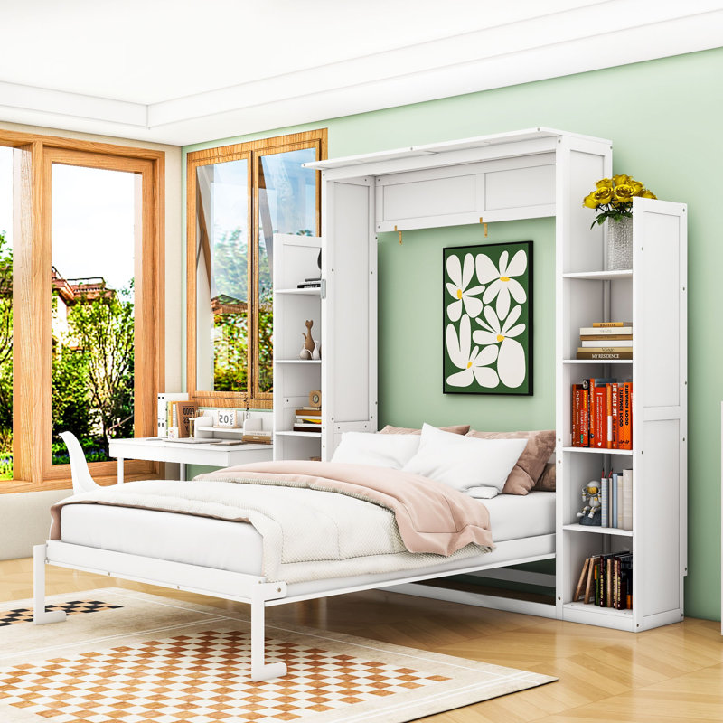 Lit escamotable avec tablettes intégrées et lumières DEL, Double, Blanc