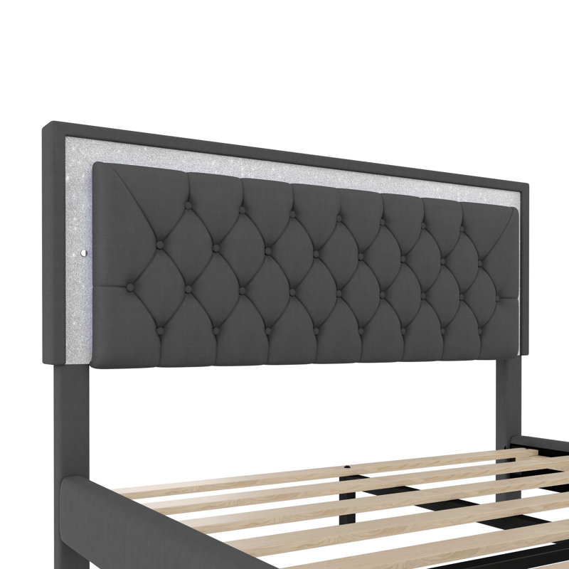 Structure de lit tapissier avec lit plateforme en velours avec lumières DEL modernes et tête de lit capitonnée, Grey, Queen