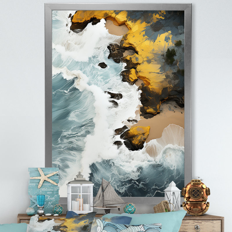 Sable tropical aérien - art mural plage, H 32 po x l 24 po x P 1 po, Cadre simple argenté