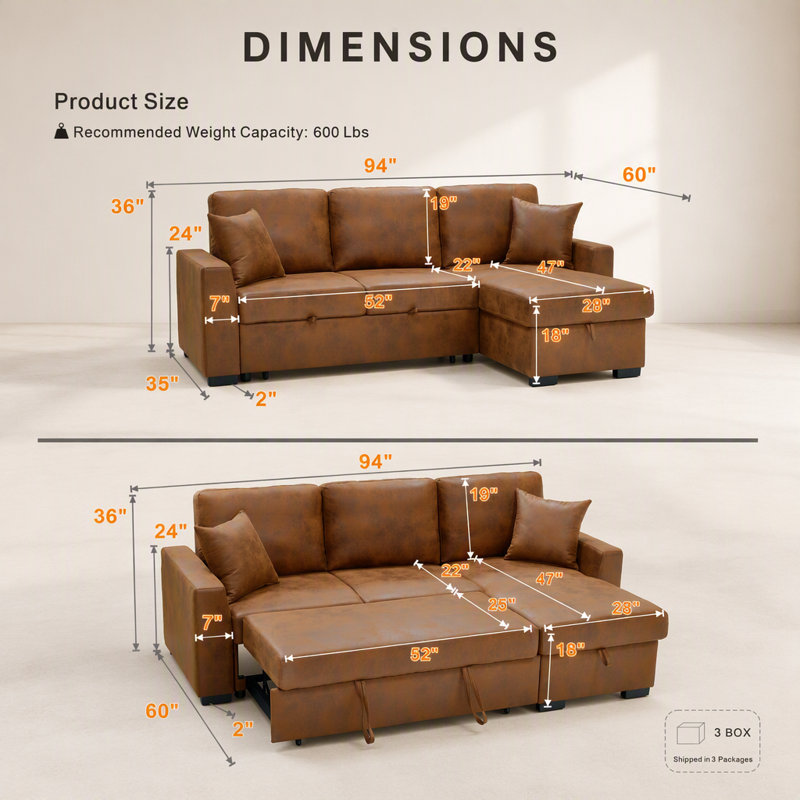 Canapé modulaire 94 po en similicuir avec lit escamotable et rangement pour chaise longue, Similicuir brun