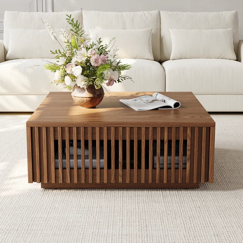 Aeolus 31" Square Wood Coffee Table With Storage, Fully-assembled, Walnut
