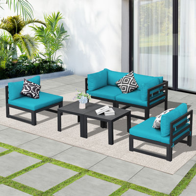 Ensemble de conversation d'extérieur pour 4 personnes avec coussins épais, ensemble de conversation en aluminium avec sièges larges et profonds