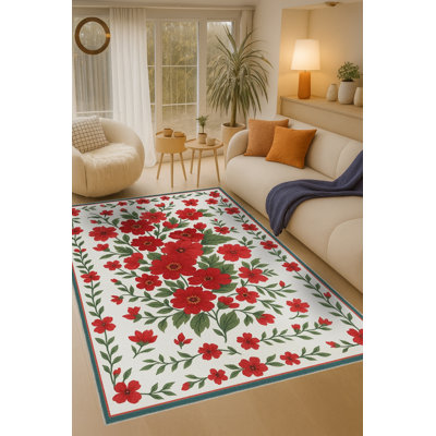 Tapis vert tissé à motif floral lavable Mosso