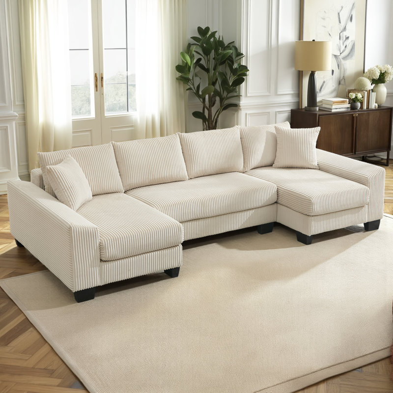 114" U-Shaped Sectional Sleeper Sofa - Oversized Corduroy Convertible with 6 Pillows & Chaise Lounge, Beige