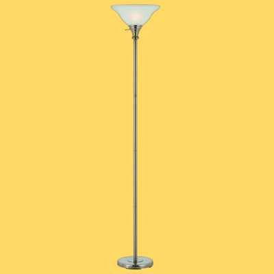 Lampadaire de torche 3 intensités 150 W en acier brossé, 178 cm de hauteur, abat-jour en verre dépoli, douille E26, câble de 1,8 m, idéal pour le salon, la chambre ou le bureau.