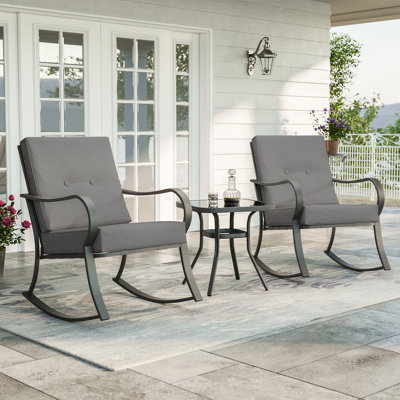 Ensemble de meubles de patio 3 pièces, chaises berçantes d'extérieur en osier avec coussins et table d'appoint en acier