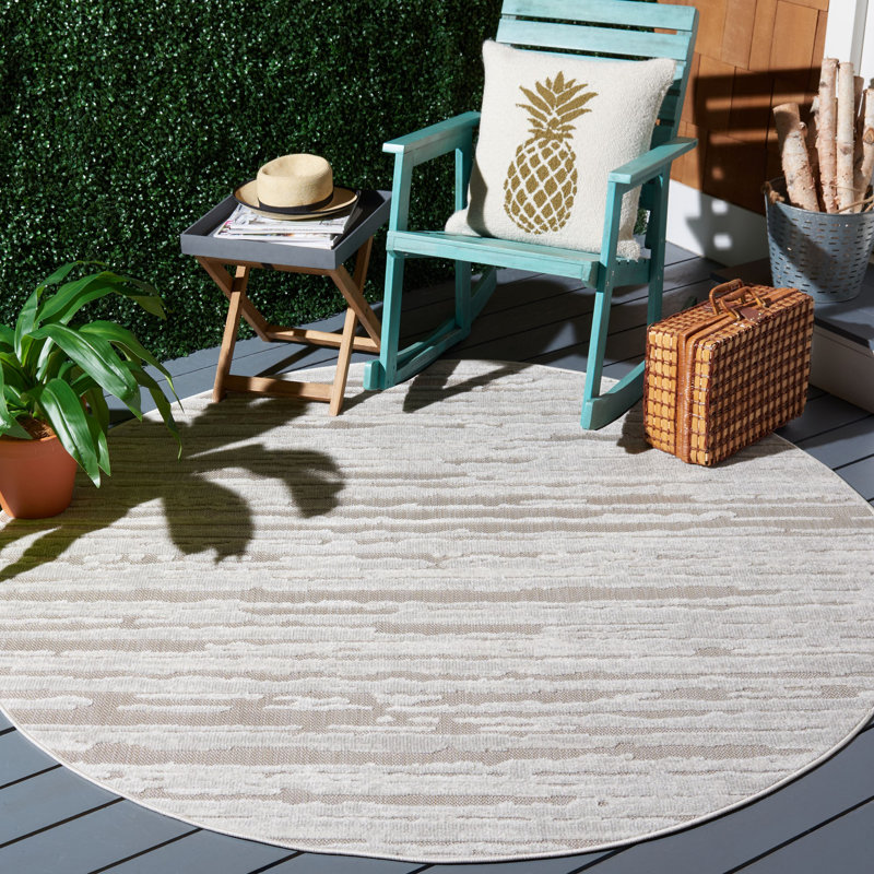 Olivarez 506 Area Indoor/Outdoor Area Rug In Grey / Ivory, Round 6'7"