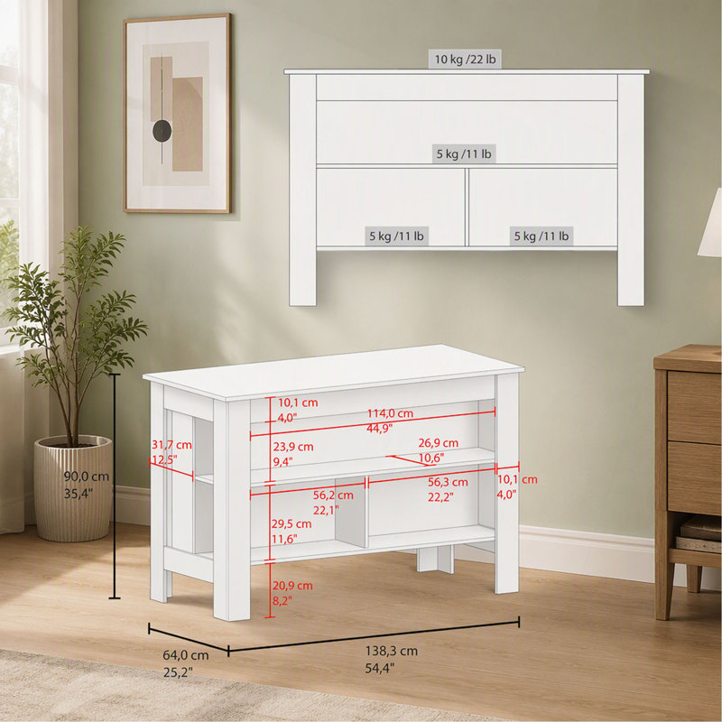 Îlot de cuisine, trois tablettes ouvertes, une tablette supérieure, quatre pieds, un décor de cuisine moderne, White