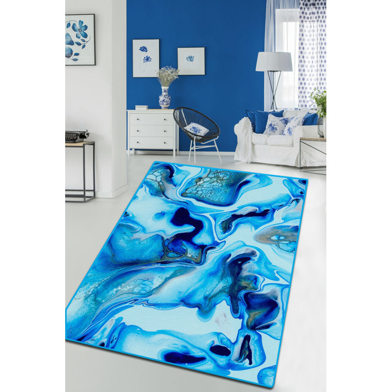 Tapis bleu / bleu marine / gris en velours / polyester tissé à la machine, Rectangle 4 pi 11 po x 6 pi 7 po