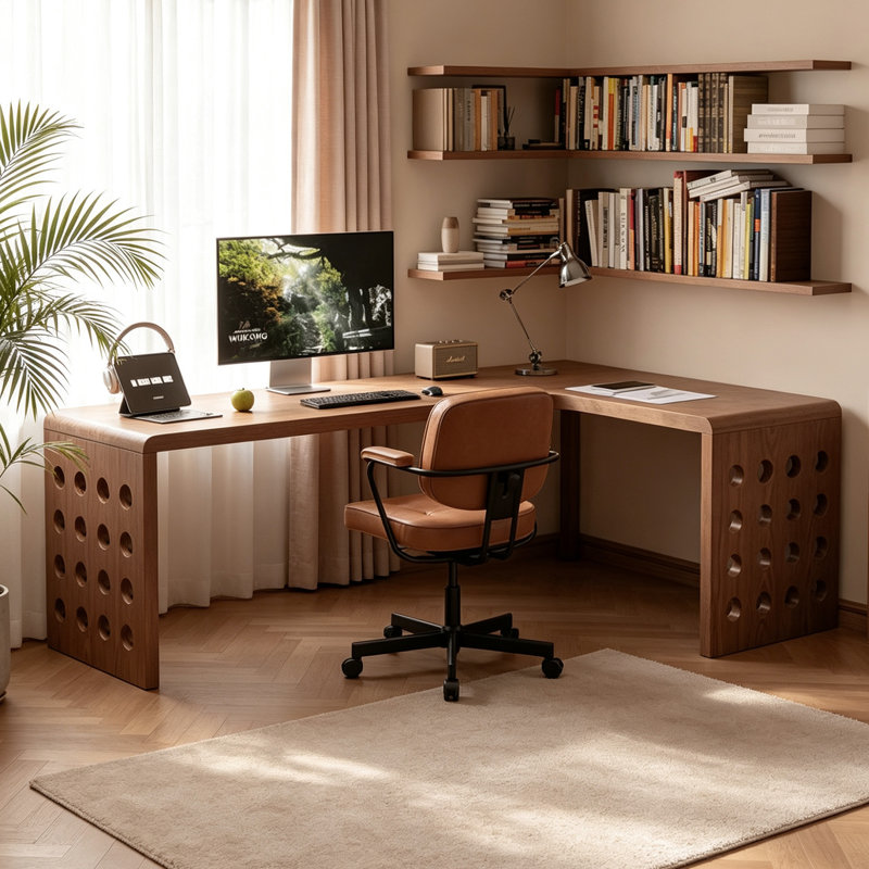 Bureau d'écriture rétro marron en forme de L en bois massif, H 29,52 po x l 55,11 po x P 47,24 po
