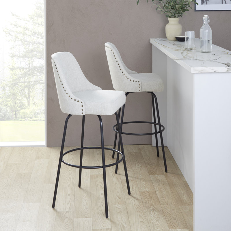 Studded Marcel 30" Fixed-Height Barstool With Metal Legs & Round Footrest - Set Of  2, Cream/Brass