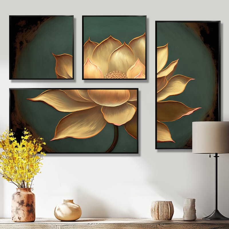 Blossoming White Vintage Lotus - Art mural moderne blanc 4 pièces, Impression encadrée sans passe-partout, Noir