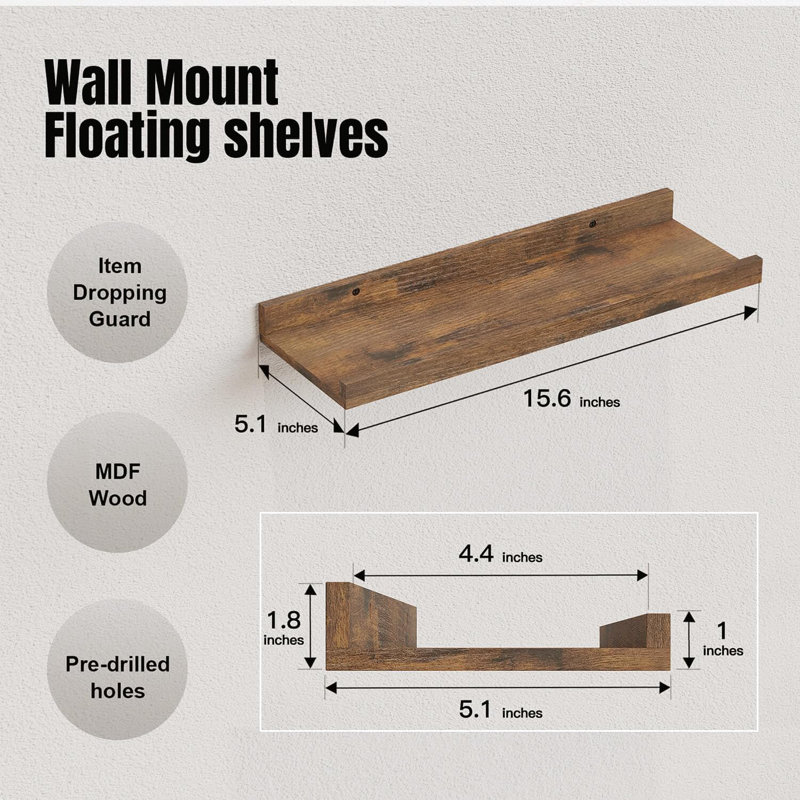 Ensemble de 3 tablettes flottantes murales avec rebord pour un rangement sécurisé, Bois espresso