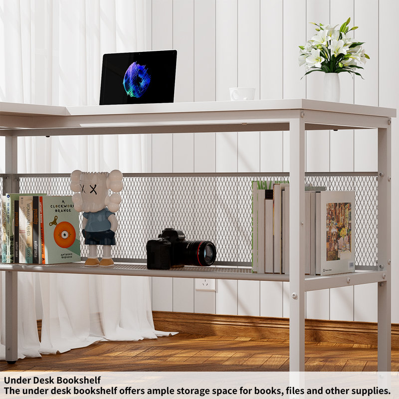 Bureau en L de 55 po Toria avec rangement, prises de courant et bande DEL, Blanc / blanc
