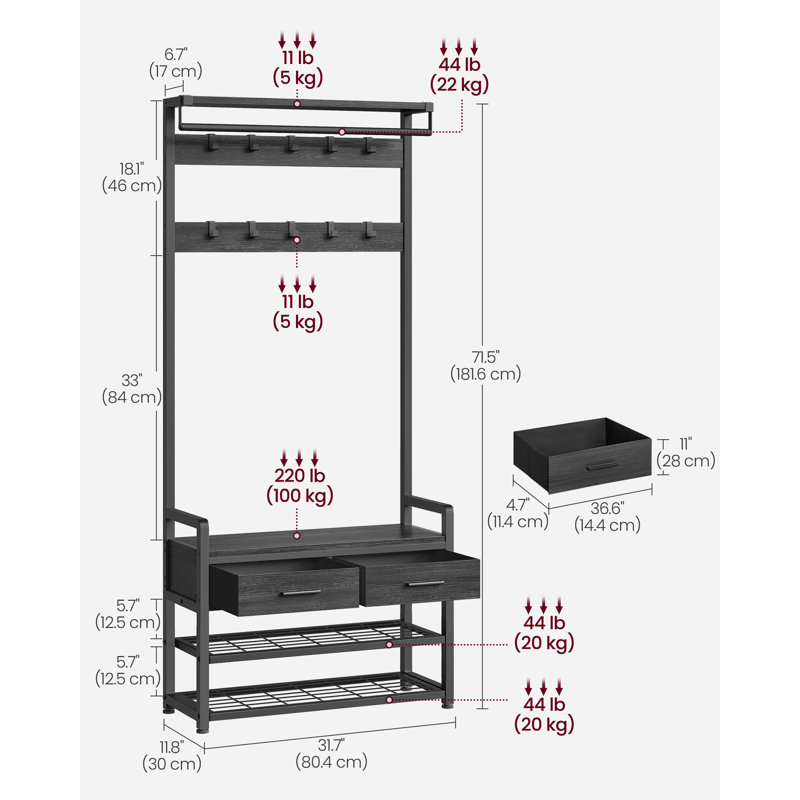 Hall Tree With Bench And Shoe Storage, Stone Gray/Ink Black