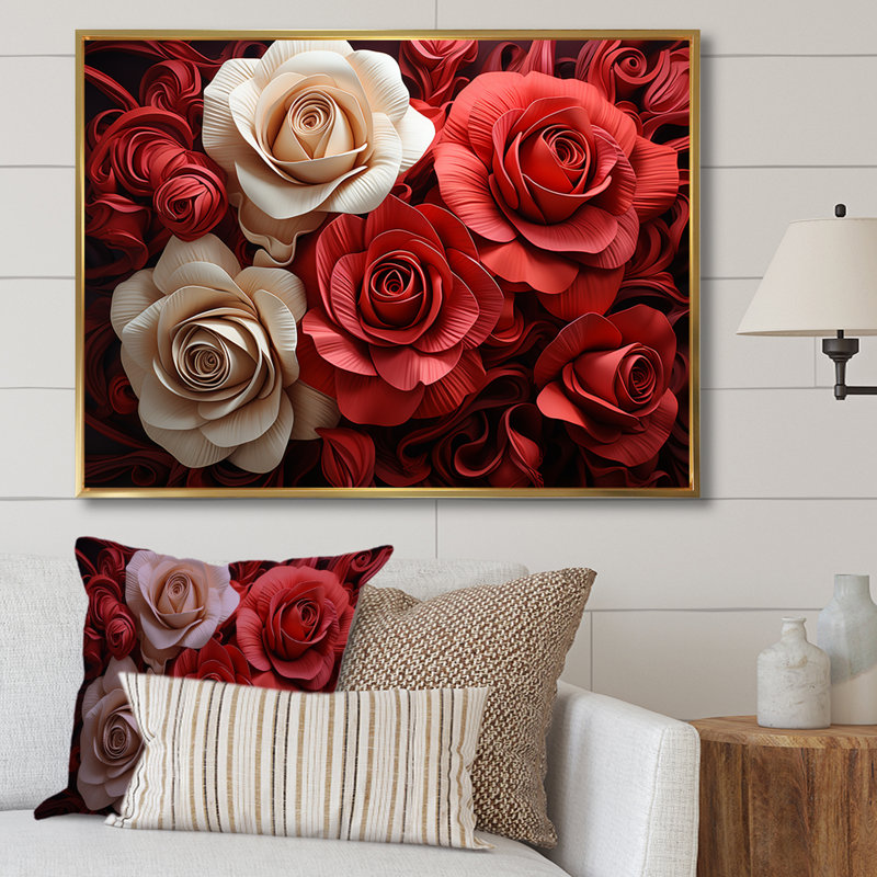 «Red and White Classic Rose Reson - Roses», art mural, Cadre flottant doré, H 34 po x l 44 po x P 1,5 po