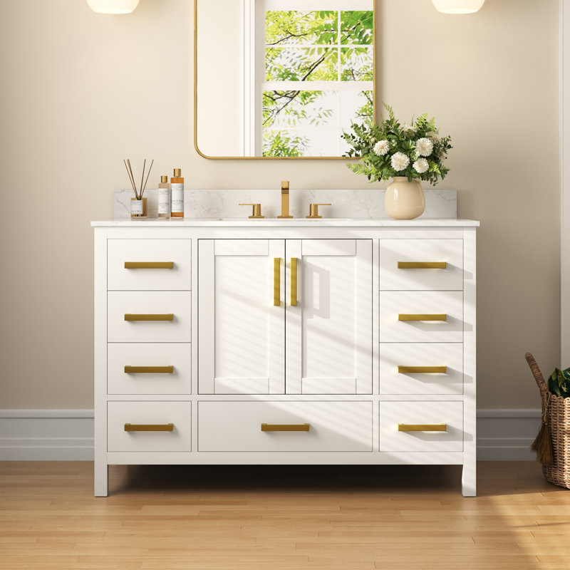 48'' White Bathroom Vanity with Ceramic Sink and Gold Hardware