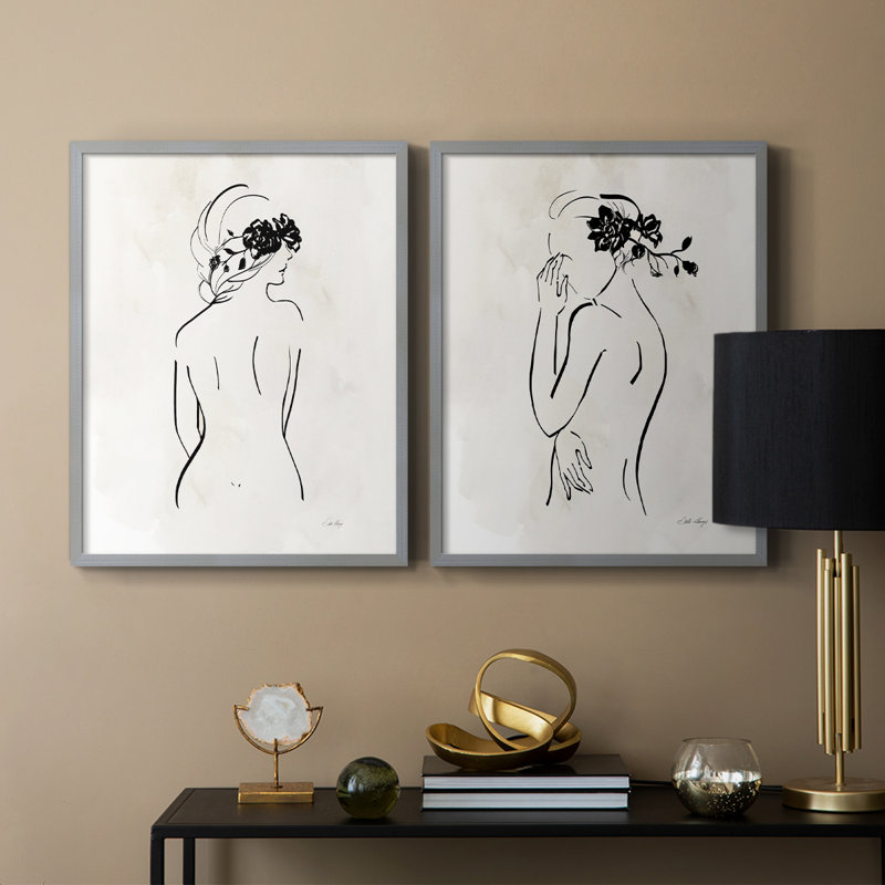 Dessin au trait romantique I - impression encadrée de qualité supérieure - prêt à être accroché - aucun clou requis - aucun clou requis