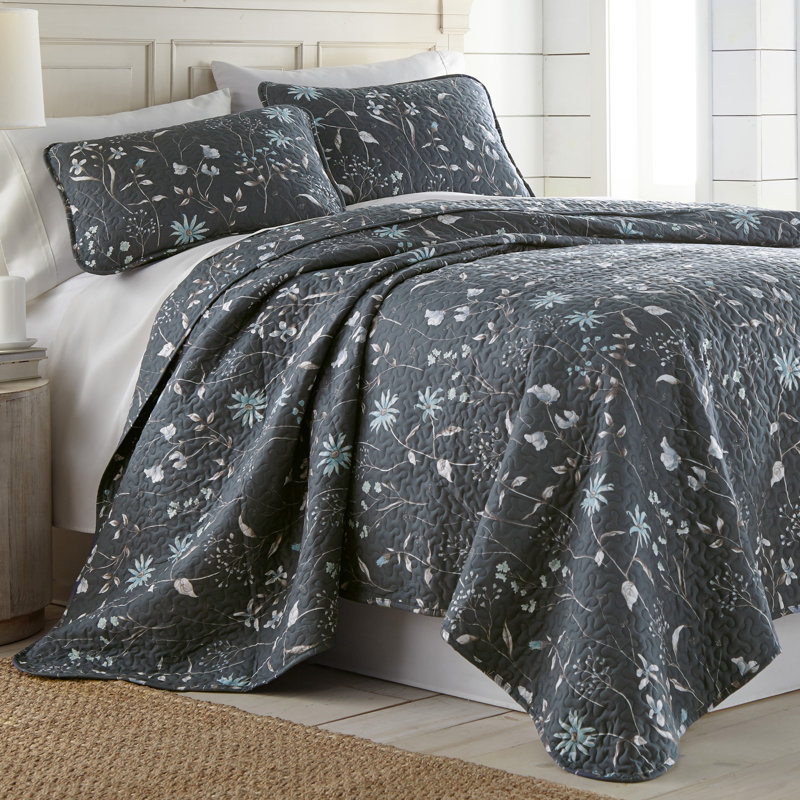 Secret Meadow Microfiber Reversible Quilt Set, Blue, Full/Queen Quilt + 2 Standard Shams