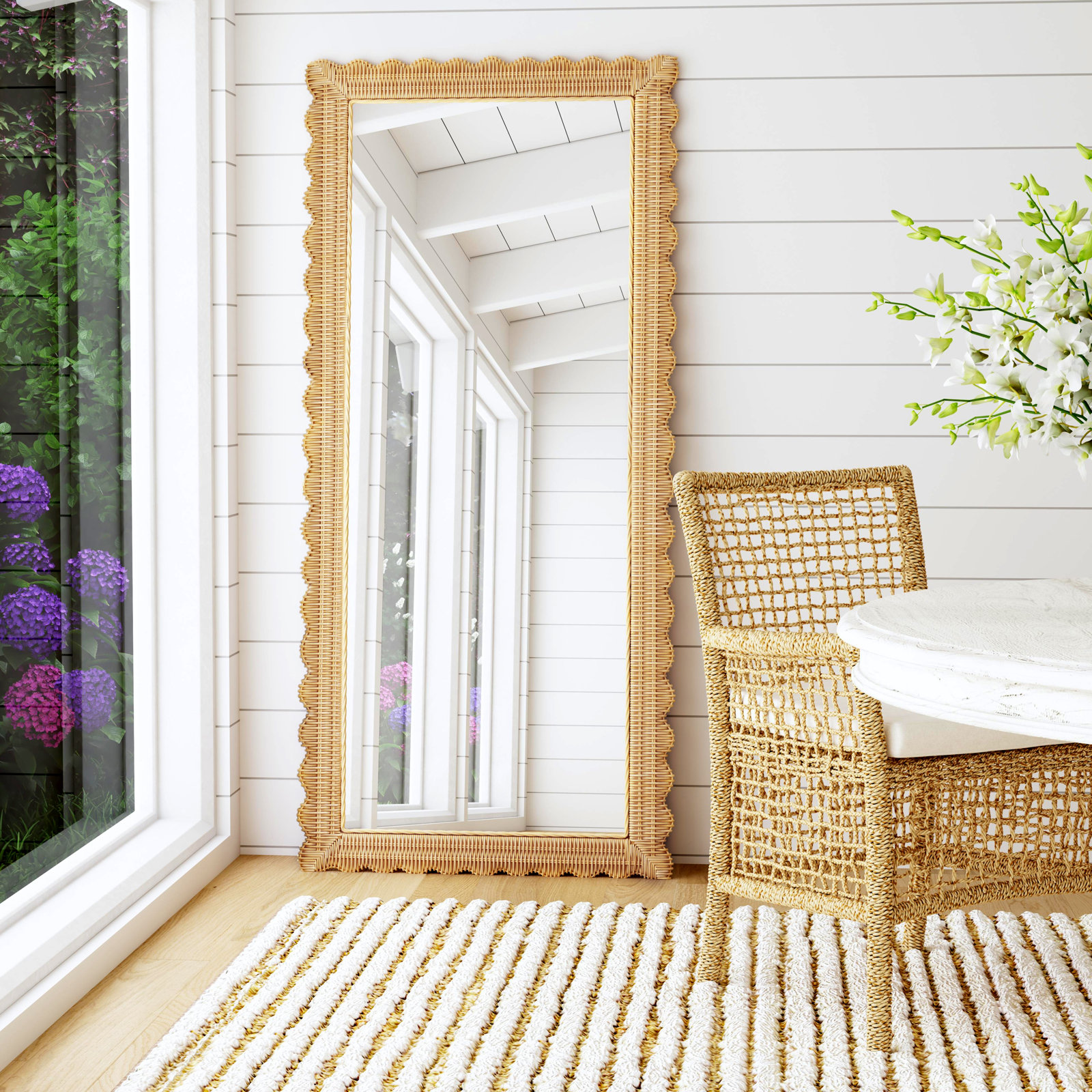 Lacie Scalloped Rattan Floor Mirror, Natural