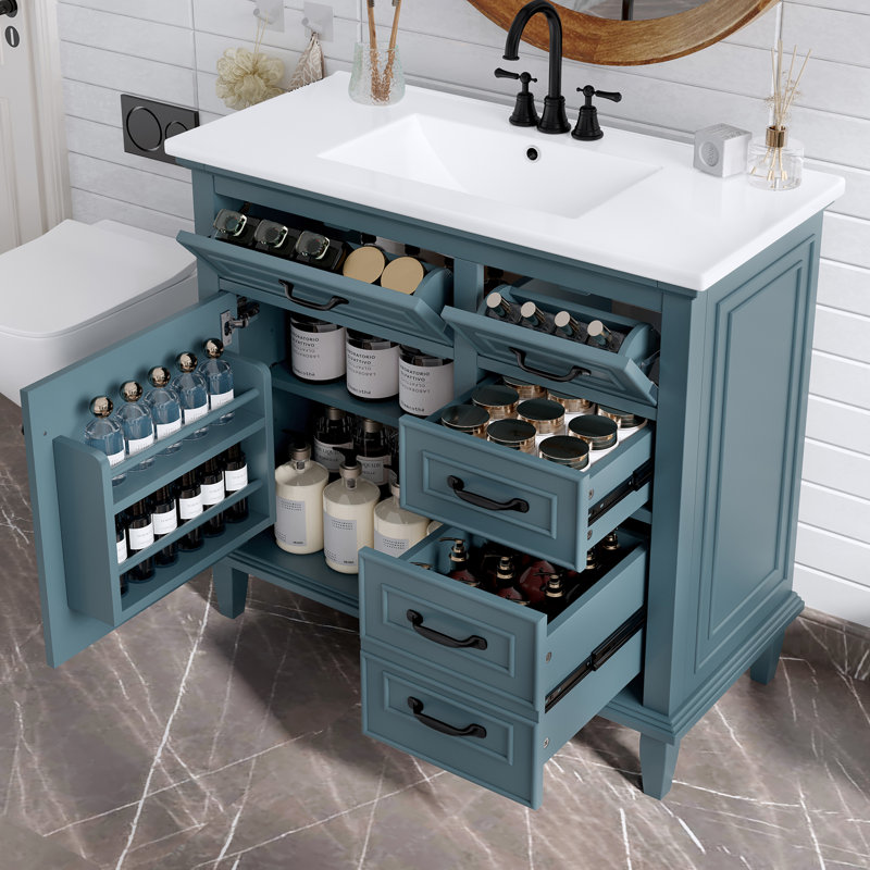 Meuble-lavabo 36 po avec comptoir en céramique, Bleu / Noir