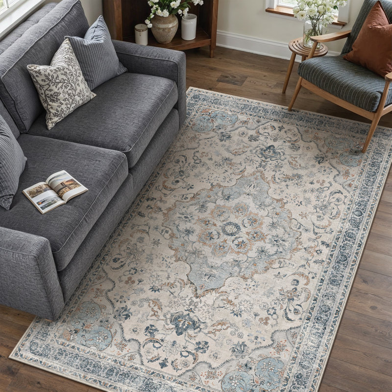 Tapis oriental lavable avec envers antidérapant Eleanor, Bleu, Rectangle 5 pi x 7 pi