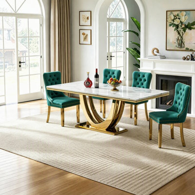 Ensemble de salle à manger de luxe 5 pièces, table de cuisine en faux marbre de 173 cm avec 4 chaises rembourrées, pied central doré en forme de U, pour cuisine et salle à manger