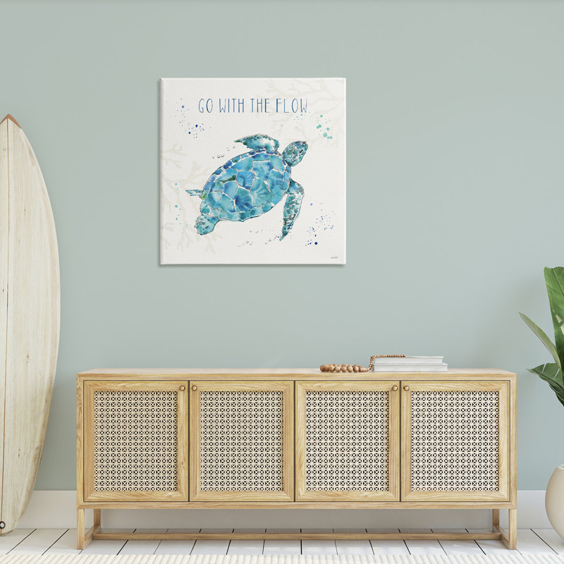 «Go with the Flow», citation, tortue, tortue, bleu, vert, aquarelle par Anne Tavoletti - impression, H 36 po x l 36 po