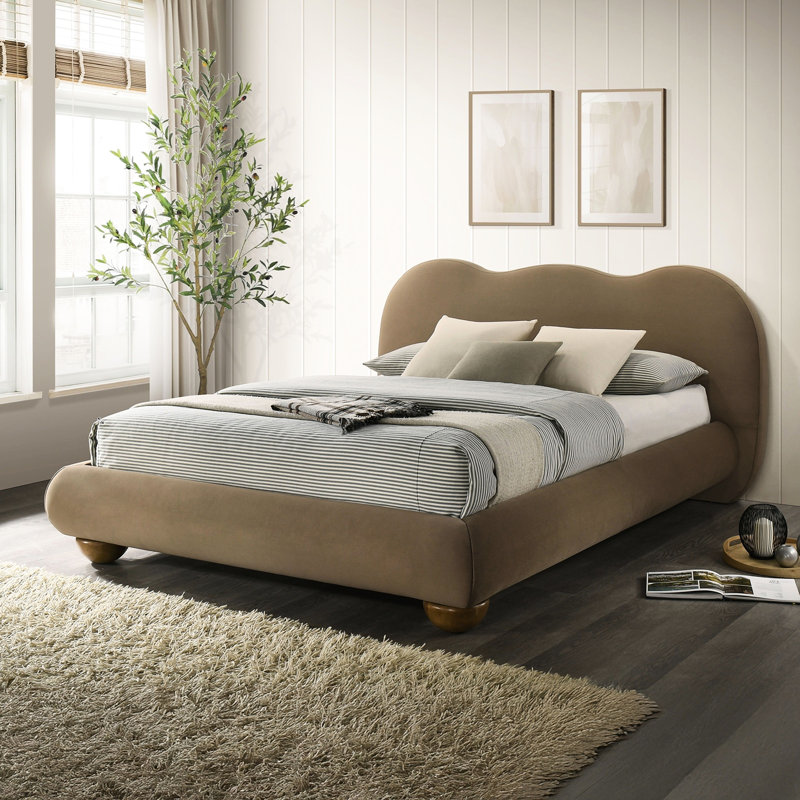 Brown Color Queen Bed, Velvet And Boucle Upholstered, Contemporary Style Solid Rubberwood Engineered Wood Bed Frame, Modern Design, Wood, Bedroom Decor