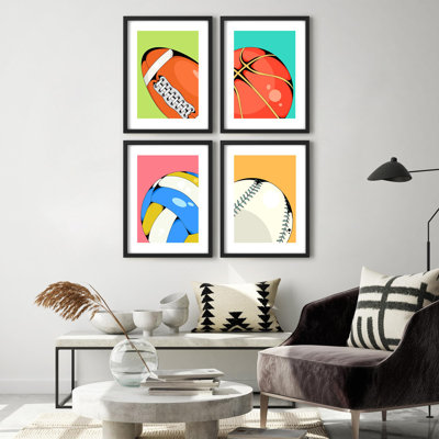 Multicolore encadré, ensemble de galerie d'art encadrée, football, basketball, volleyball, sports variés, art numérique, pop, pour salon, chambre à coucher, bureau