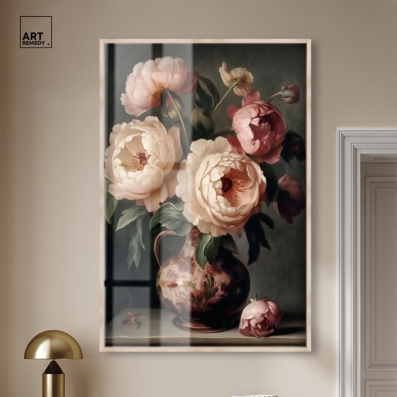 «Peony Rhapsody Shadowbox Print» par Art Remedy, H 55 po x l 37 po, Crème, crème