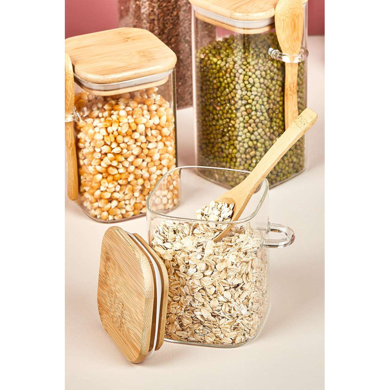 12-Piece Glass Storage Jar Set with Bamboo Lids & Spoons, Transparent | Includes 4 Jars: 3.9 x 3.1 in, 4.7 x 3.1 in, 5.9 x 3.1 in, 7.1 x 3.1 in | Perfect for Kitchen Organization, Elegant Design, BPA-Free, Not Microwave or Dishwasher Safe