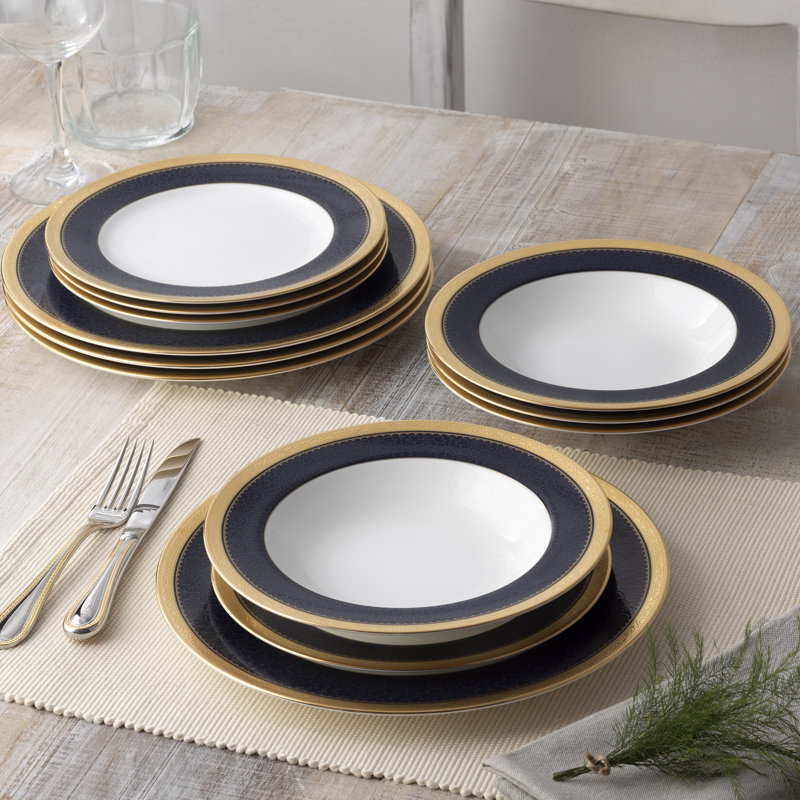 Noritake Odessa Cobalt 12-Piece Dinnerware Set, Service For 4, Gold