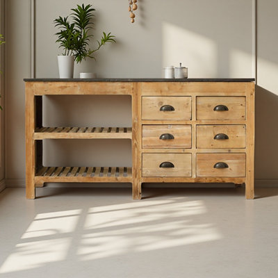 Rustic Wood Kitchen Island with Stone Top Multiple Drawers and Open Slatted Shelves