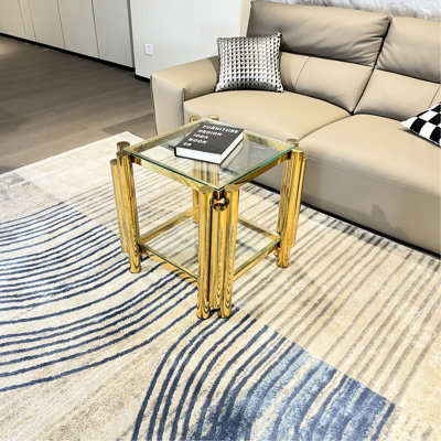 Table d'appoint carrée 20 pouces, moderne en acier inoxydable avec verre transparent double couche, or, rangement pour bureau