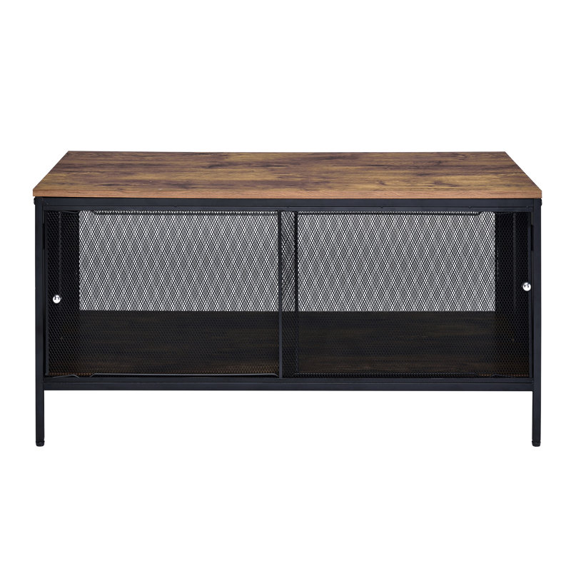 Table basse en chêne antique et noir, fonctionnelle avec 4 portes coulissantes pour ranger vos essentiels de rangement