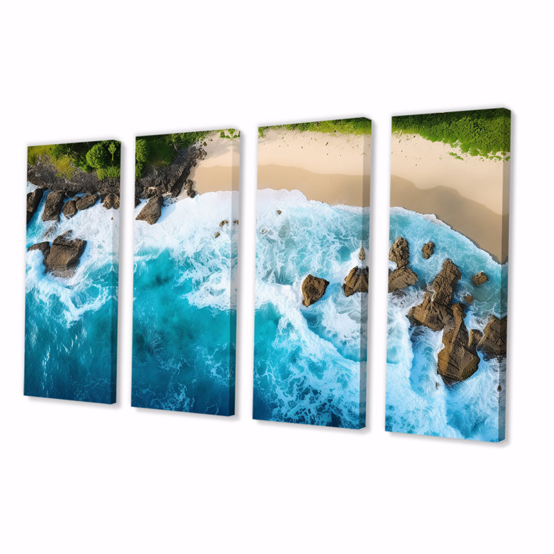 Rocky Beach Aérienne vue sur la plage - océan et art mural 4 pièces pour le salon, H 32 po x l 64 po