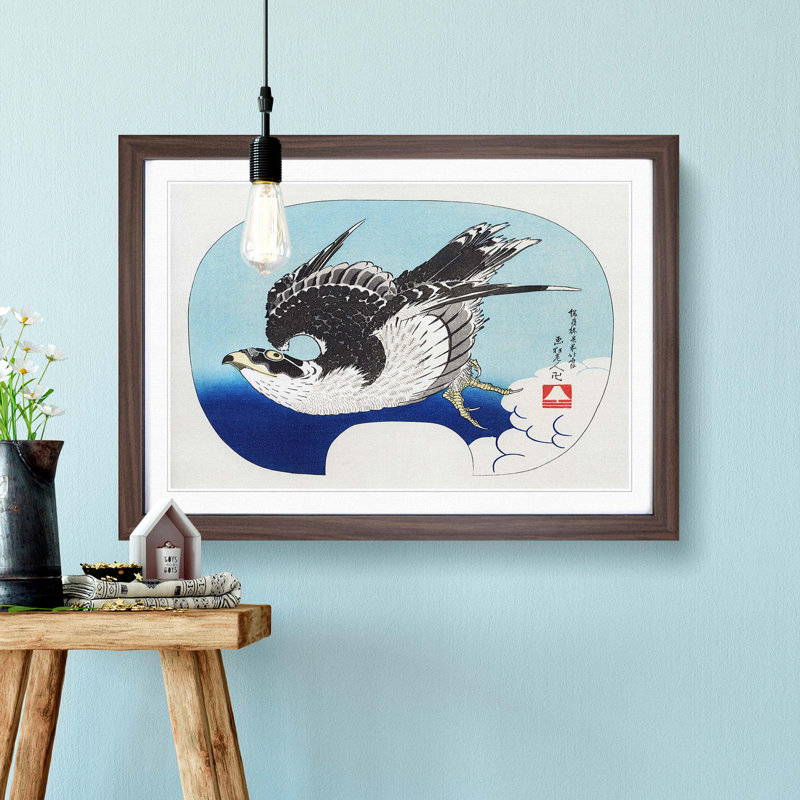 Hawk in Flight by Katsushika Hokusai - Picture Frame Painting Print, 27cm H x 36cm W x 2cm D, Walnut Framed